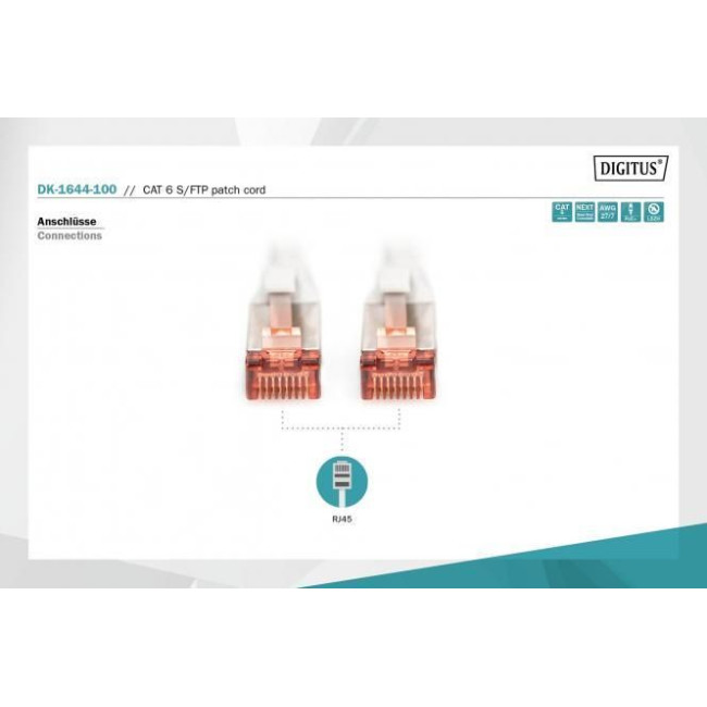 Патч-корд DIGITUS CAT 6 S-FTP, 10м, AWG 27/7, LSZH, сірий DK-1644-100