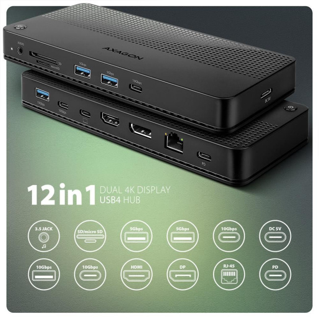 Хаб концентратор AXAGON HMC-U4 USB4 40Гбіт/с DUAL 4K DISPLAY 12in1, Чорний
