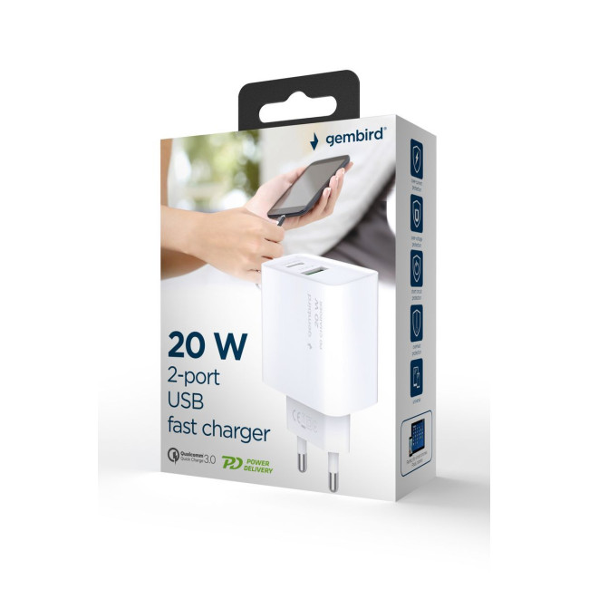 Мережевий ЗП, 1 USB-A + 1 Type-C (PD20Вт + QC3.0 18Вт), білий