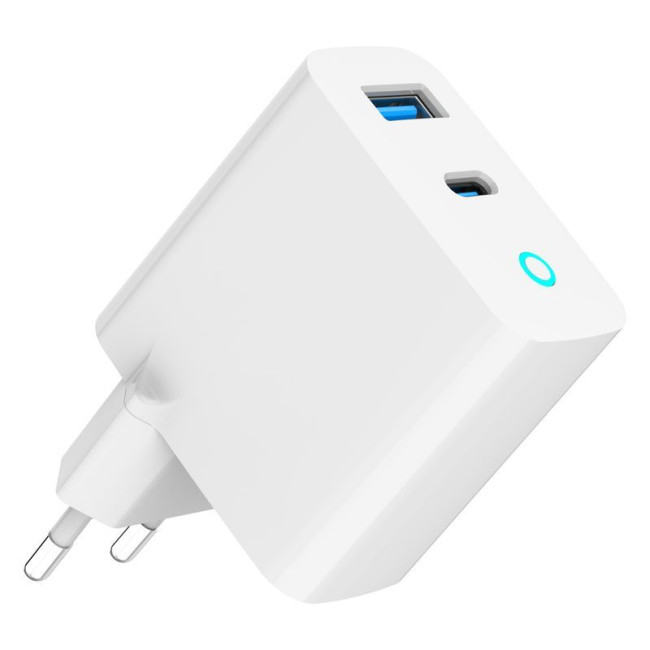 Мережевий ЗП, 1 USB-A (QC3.0 18W) + 1 Type-C (PD30W), Led, білий