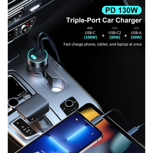 Автомобільний зарядний пристрій, 2 USB-C+USB-A, 130Вт, QC3.0/PD/PPS, чорний