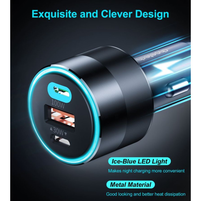 Автомобільний зарядний пристрій, 2 USB-C+USB-A, 130Вт, QC3.0/PD/PPS, чорний