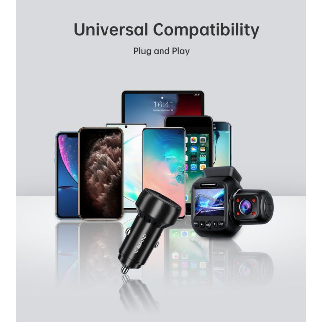 Автомобільний зарядний пристрій, USB-C+USB-A, 60Вт, QC3.0/PD/PPS, чорний