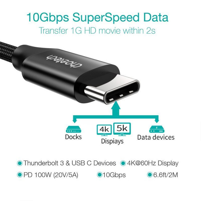 Кабель USB 3.1 GEN 2, 100w, 4K@60Hz, C-тато/C-тато, 2 м, преміум