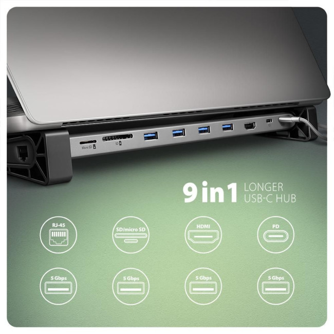Хаб концентратор AXAGON HMC-10HLS USB-C 5Гбіт/с 9in1 hub, сірий