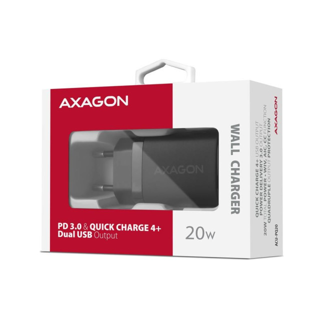 Мережевий зарядний пристрій AXAGON ACU-PQ20, QC3.0/AFC/FCP + PD type-C, 20W, Чорний
