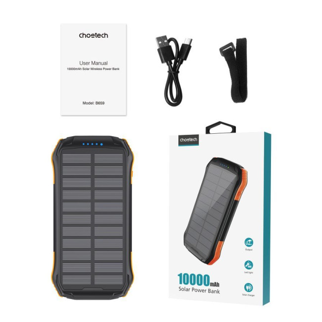 Портативний зарядний пристрій, 10000 mAh, 10Вт, сонячна панель, QI, LED лампа