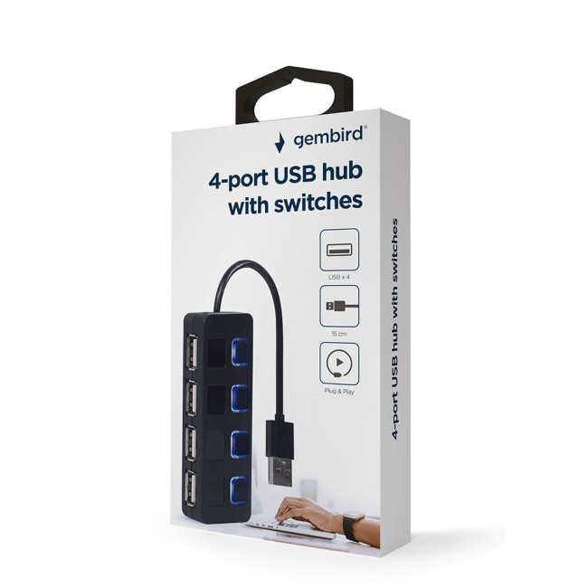 Хаб на 4 порти USB 2.0, з вимикачами, пластик, чорний