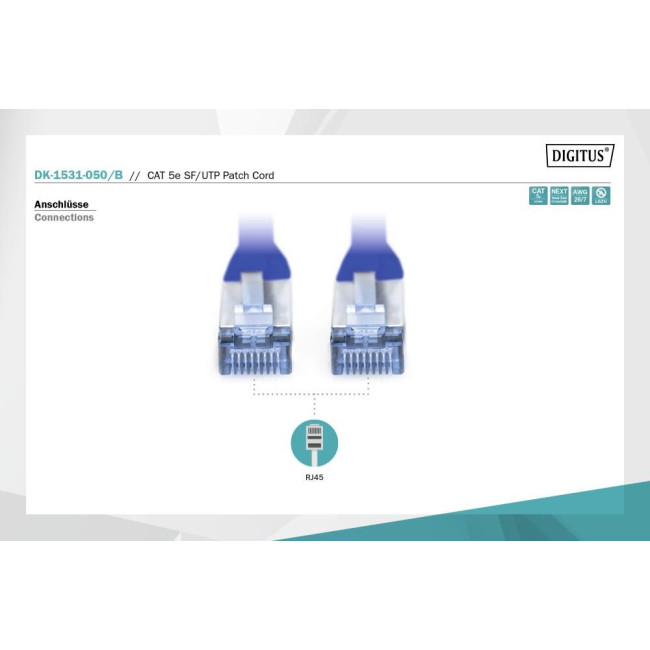 Патч-корд CAT 5e SF-UTP, Cu, PVC AWG 26/7, довжина 5 м, колір синій DK-1531-050/B DIGITUS by ASSMANN