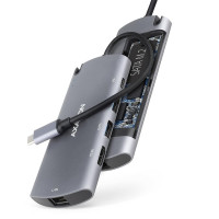 Хаб концентратор AXAGON HMC-7HX2 USB-C 5Гбіт/с DUAL 4K DISPLAY 7in1 hub, Сірий