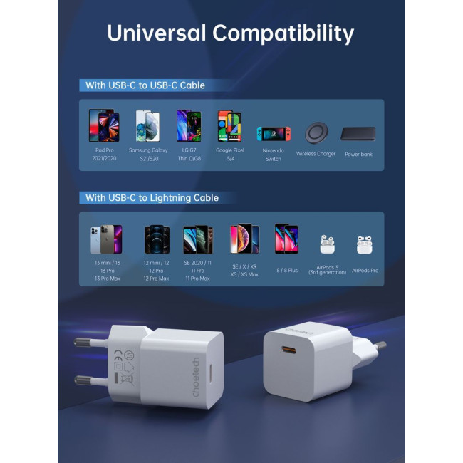 Мережевий зарядний пристрій, GaN, USB-C, 20Вт, QC3.0/PD/PPS