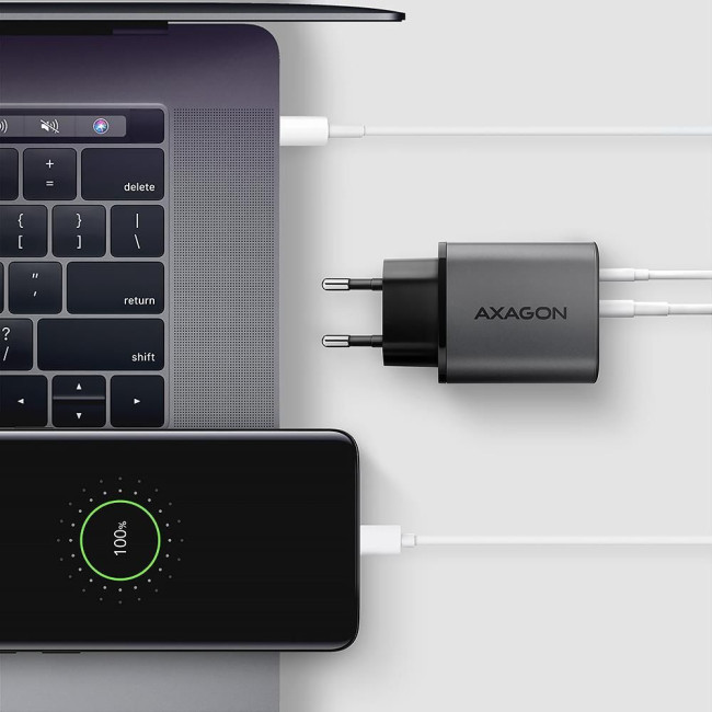 Мережевий зарядний пристрій з дисплеєм AXAGON ACU-PQ67D, 2x port (USB + USB-C), PD3.0/QC4+/PPS/Apple, 67W, сірий