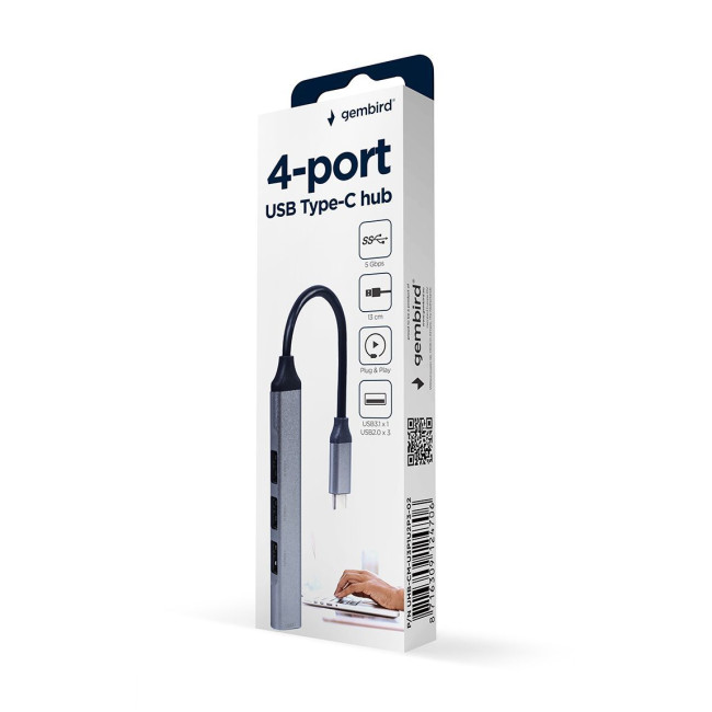 Хаб Type-C на 4 порти (1xUSB3.1 + 3xUSB2.0), метал, срiбний