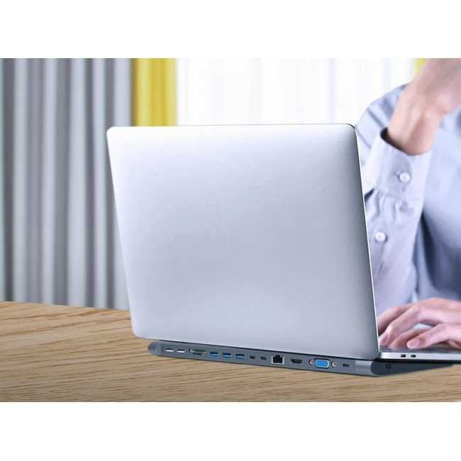 Док станція USB-C 9-в-1 (USB-хаб + HDMI/VGA/PD/картридер/LAN/3.5-мм аудіо), сірий