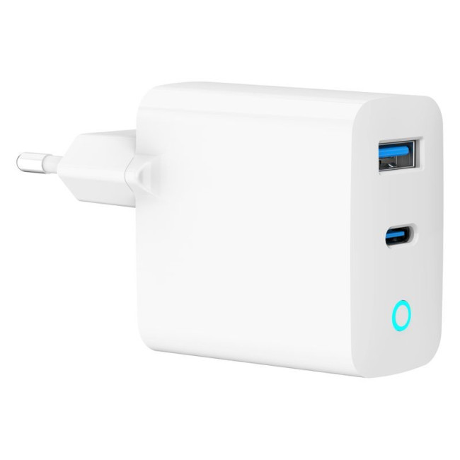 Мережевий ЗП, 1 USB-A (QC3.0 18W) + 1 Type-C (PD30W), Led, білий