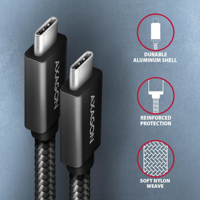Кабель AXAGON BUCM32-CM20AB USB-C-USB-C 3.2 Gen 2, 2m, PD 100W, 5A, 4K HD, Чорний