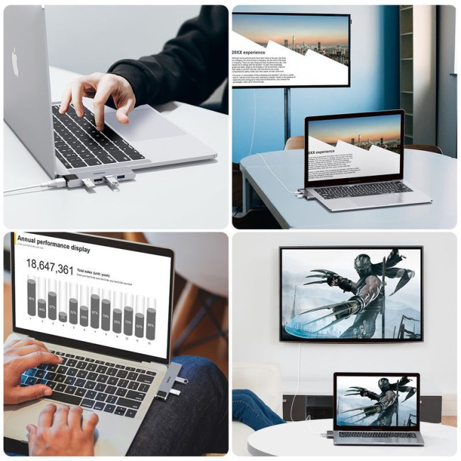 Док станція USB-C 7-в-1 (HDMI/LAN/картрідер/USB-A/USB-C), для MacBook Pro/Air, алюміній