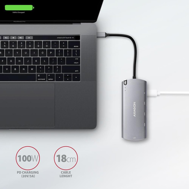 Хаб концентратор AXAGON HMC-7HX2 USB-C 5Гбіт/с DUAL 4K DISPLAY 7in1 hub, Сірий