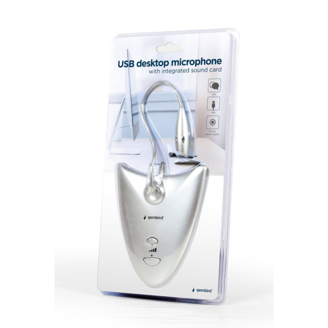 Мікрофон настільний, USB-підключення, вбудована звукова карта, сріблястий