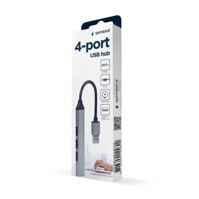 Хаб на 4 порта, USB-A на 1 х USB 3.1 Gen1 (5 Gbps), 3 х USB 2.0, метал, сірий