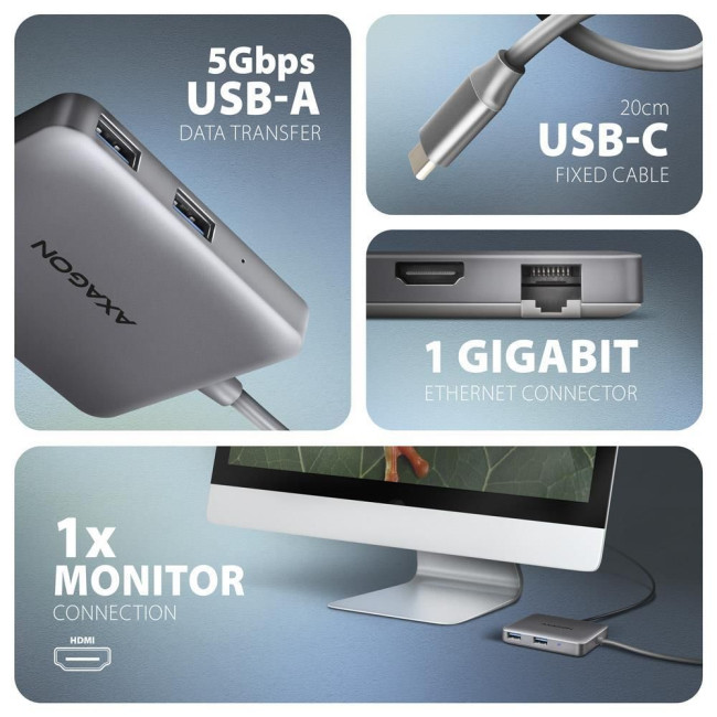 Хаб концентратор AXAGON HMC-5HL USB-C 5Гбіт/с SuperSpeed 5in1 hub, Сірий