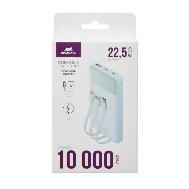 Портативний зарядний пристрій, 10000 mA, QC/PD 22,5 Вт, 3 вбудовані кабелі, білий