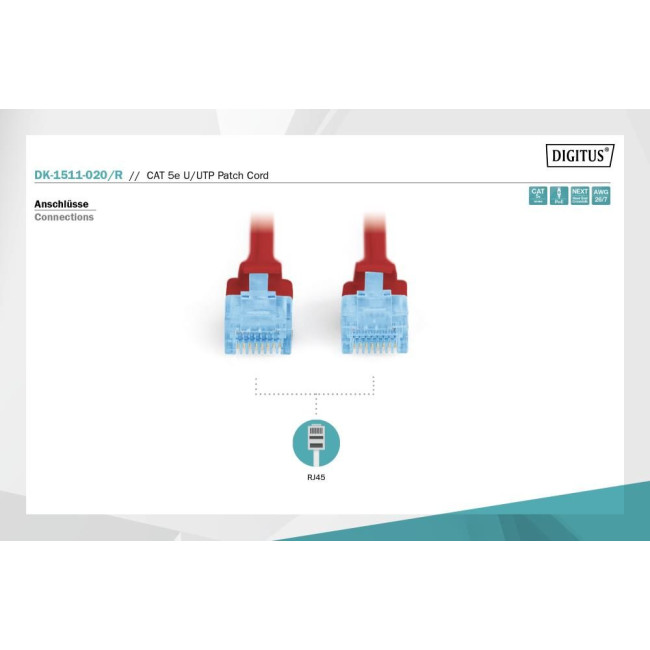 Патч-корд CAT 5e U-UTP, Cu, PVC AWG 26/7, довжина 2 м, колір червоний DK-1511-020/R DIGITUS by ASSMANN