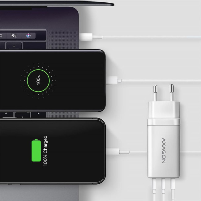 Мережевий зарядний пристрій AXAGON ACU-DPQ65W, 3x port (USB + dual USB-C), PD3.0/QC4+/PPS/Apple, 65W, Білий