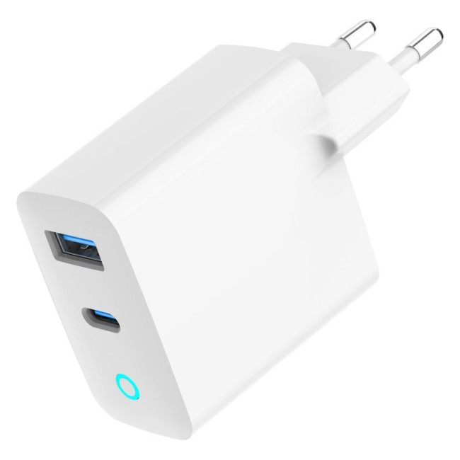 Мережевий ЗП, 1 USB-A (QC3.0 18W) + 1 Type-C (PD30W), Led, білий