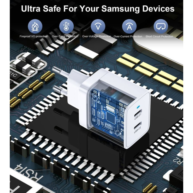 Мережевий зарядний пристрій, 2 USB-C, 40Вт, PD/QC/PPS