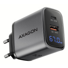 Мережевий зарядний пристрій з дисплеєм AXAGON ACU-PQ67D, 2x port (USB + USB-C), PD3.0/QC4+/PPS/Apple, 67W, сірий
