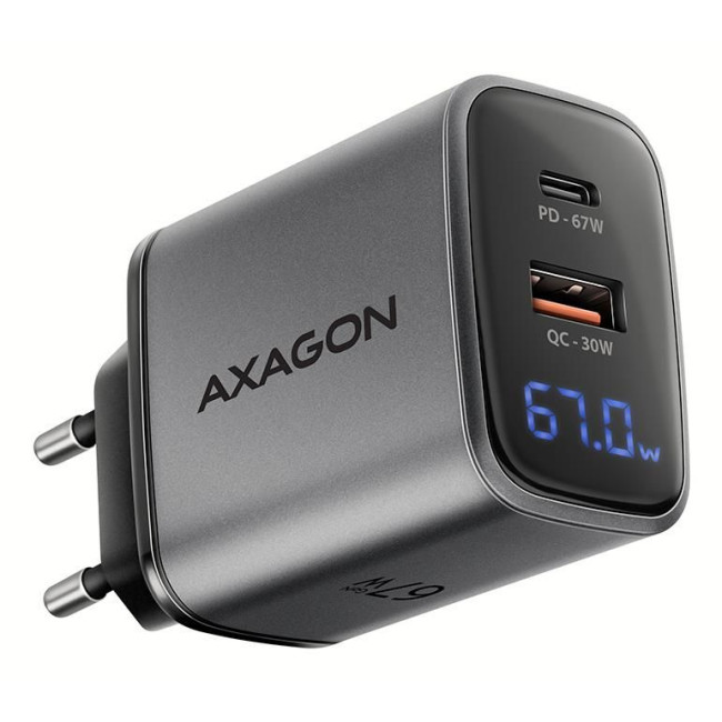 Мережевий зарядний пристрій з дисплеєм AXAGON ACU-PQ67D, 2x port (USB + USB-C), PD3.0/QC4+/PPS/Apple, 67W, сірий