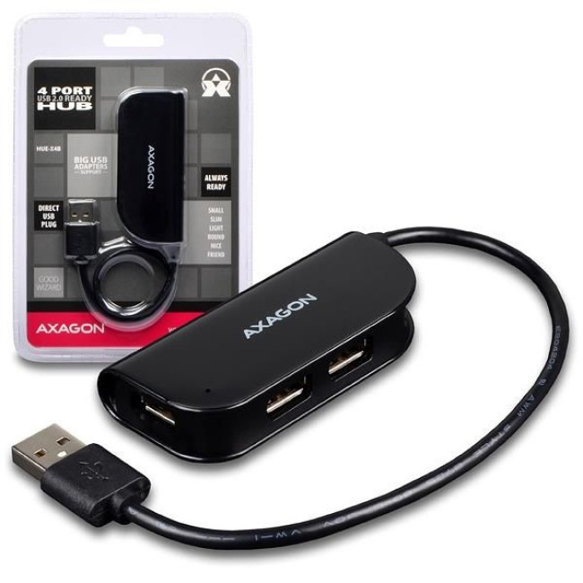 Хаб AXAGON HUE-X4B USB READY hub, USB-A кабель 20см, Чорний