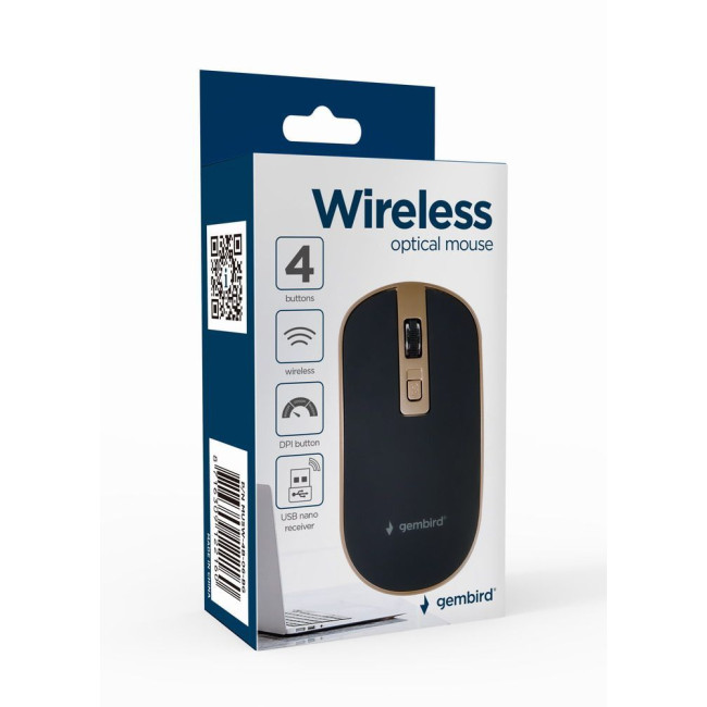 Бездротова оптична миша, USB, 1600 dpi, чорна с золотом