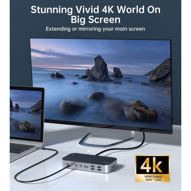 Док станція USB-C 15-в-1 (HDMI / PD / картридер / LAN / USB-A / USB-C Аудіо), алюміній