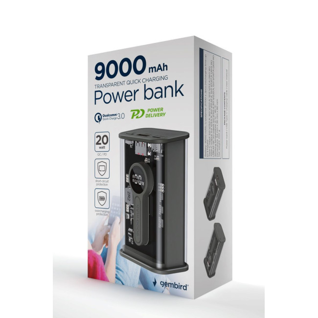 Портативний зарядний пристрій, 9000 mAh, QC3.0, Transparent