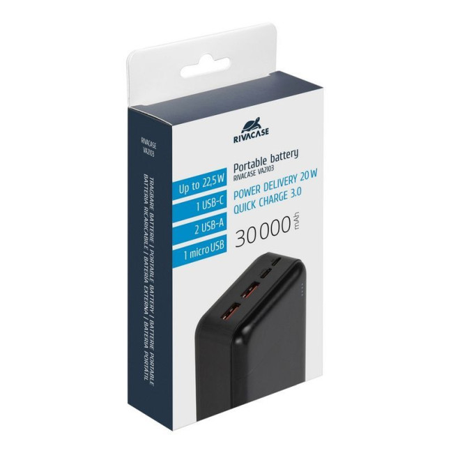 Портативний зарядний пристрій, 30000 mA, QC/PD 22,5 Вт, чорний