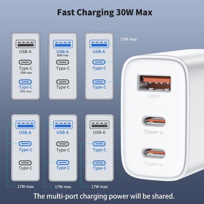 Мережевий зарядний пристрій, USB-A/USB-C, 30Вт, QC3.0/PD/PPS