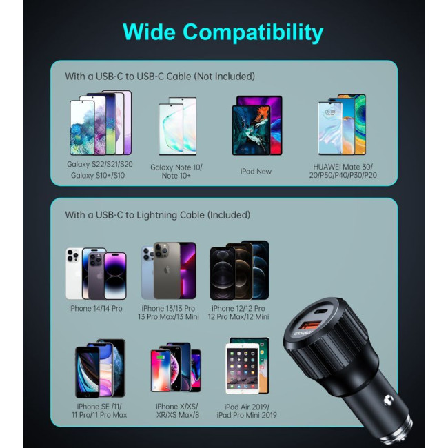 Автомобільний зарядний пристрій, USB-A/USB-C, 63Вт, QC3.0/PD/PPS, чорний
