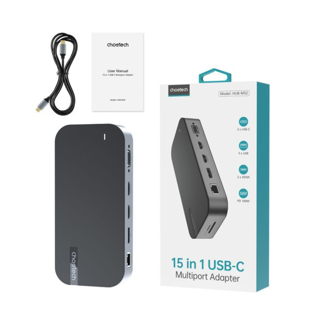 Док станція USB-C 15-в-1 (HDMI / PD / картридер / LAN / USB-A / USB-C Аудіо), алюміній