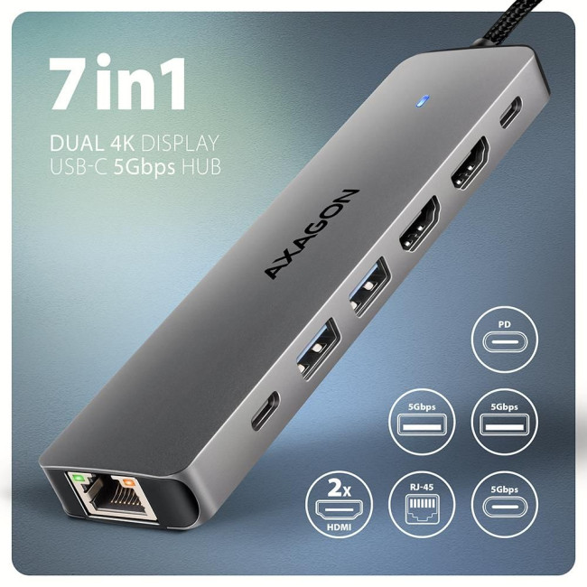 Хаб концентратор AXAGON HMC-8HLSA USB-C 5Гбіт/с 9in1 hub, Сірий