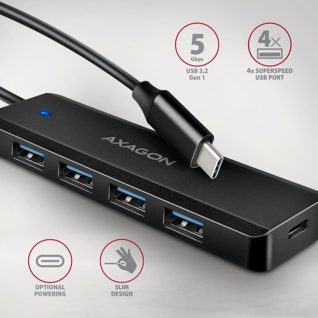 Хаб AXAGON HUE-C1C USB-C 5Гбіт/с TRAVEL hub, 20см Type-C, Чорний