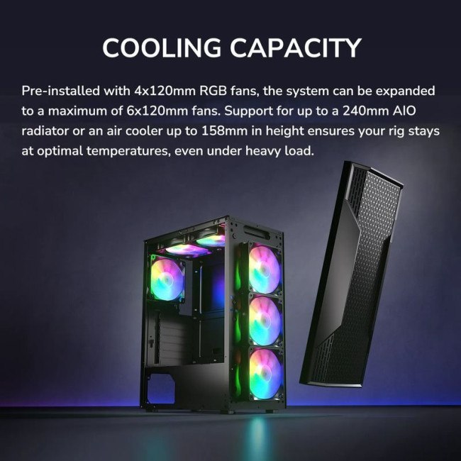 Ігровий корпус, 4*120mm RGB вентилятори передвстановлені, Mini ITX / Micro ATX / ATX, скляне вікно