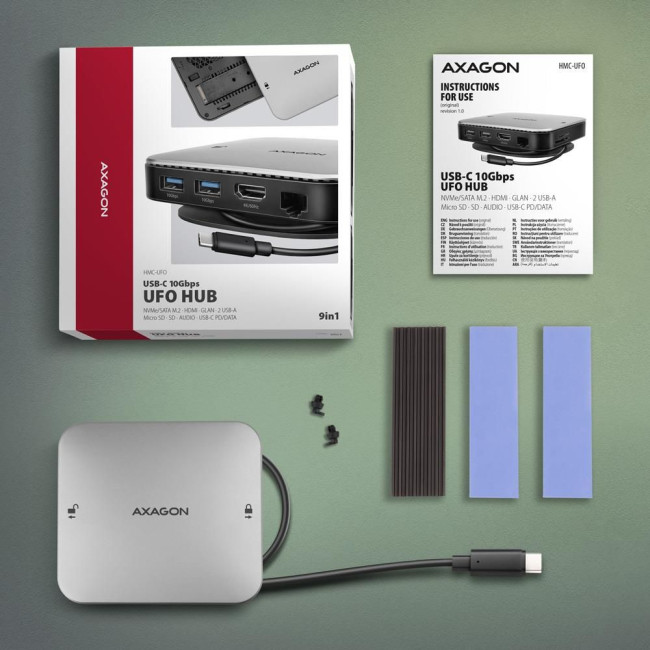 Хаб концентратор AXAGON HMC-UFO USB-C 10Гбіт/с UFO 9in1 hub, Сірий