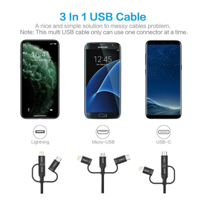 Кабель USB 2.0, MFI, AM-тато/Lightning/Micro/Type-C USB, 1.2 м