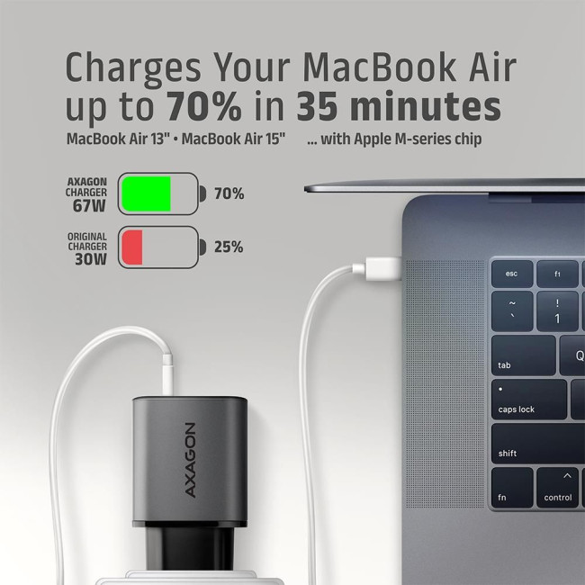 Мережевий зарядний пристрій AXAGON ACU-PQ67, 2x port (USB + USB-C), PD3.0/QC4+/PPS/Apple, 67W, сірий