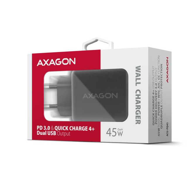 Мережевий зарядний пристрій AXAGON ACU-PQ45, QC3.0,4.0/AFC/FCP/PPS/Apple + PD type-C, 45W, Чорний