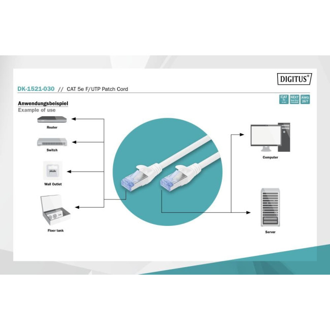 Патч-корд CAT 5e F-UTP, Cu, PVC AWG 26/7, довжина 3 м, колір сірий DK-1521-030 DIGITUS by ASSMANN