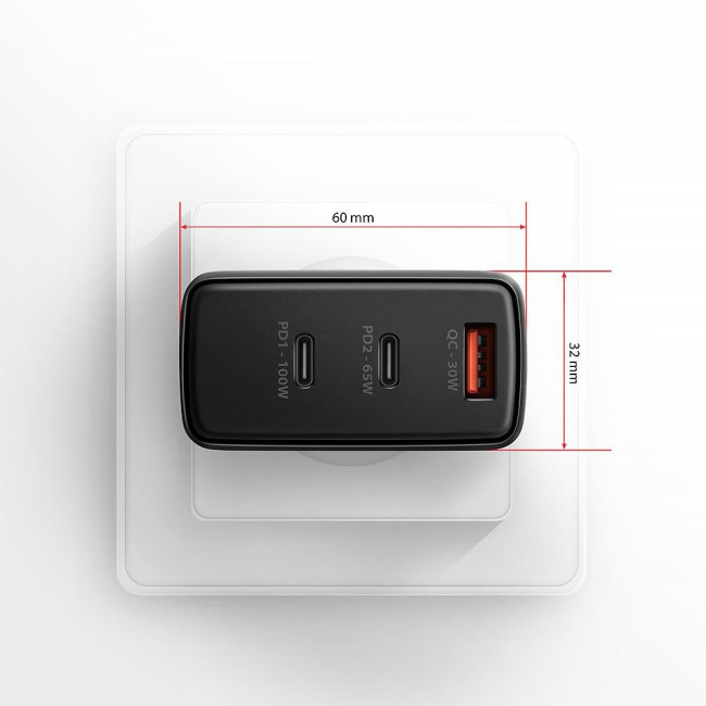Мережевий зарядний пристрій AXAGON ACU-DPQ100, 3x port (USB + dual USB-C), PD3.0/QC4+/PPS/Apple, 100W, Чорний