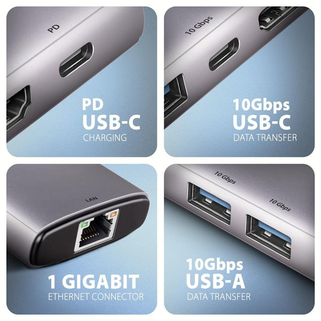 Хаб концентратор AXAGON HMC-6G2L USB-C 10Гбіт/с 6in1 hub, Сірий